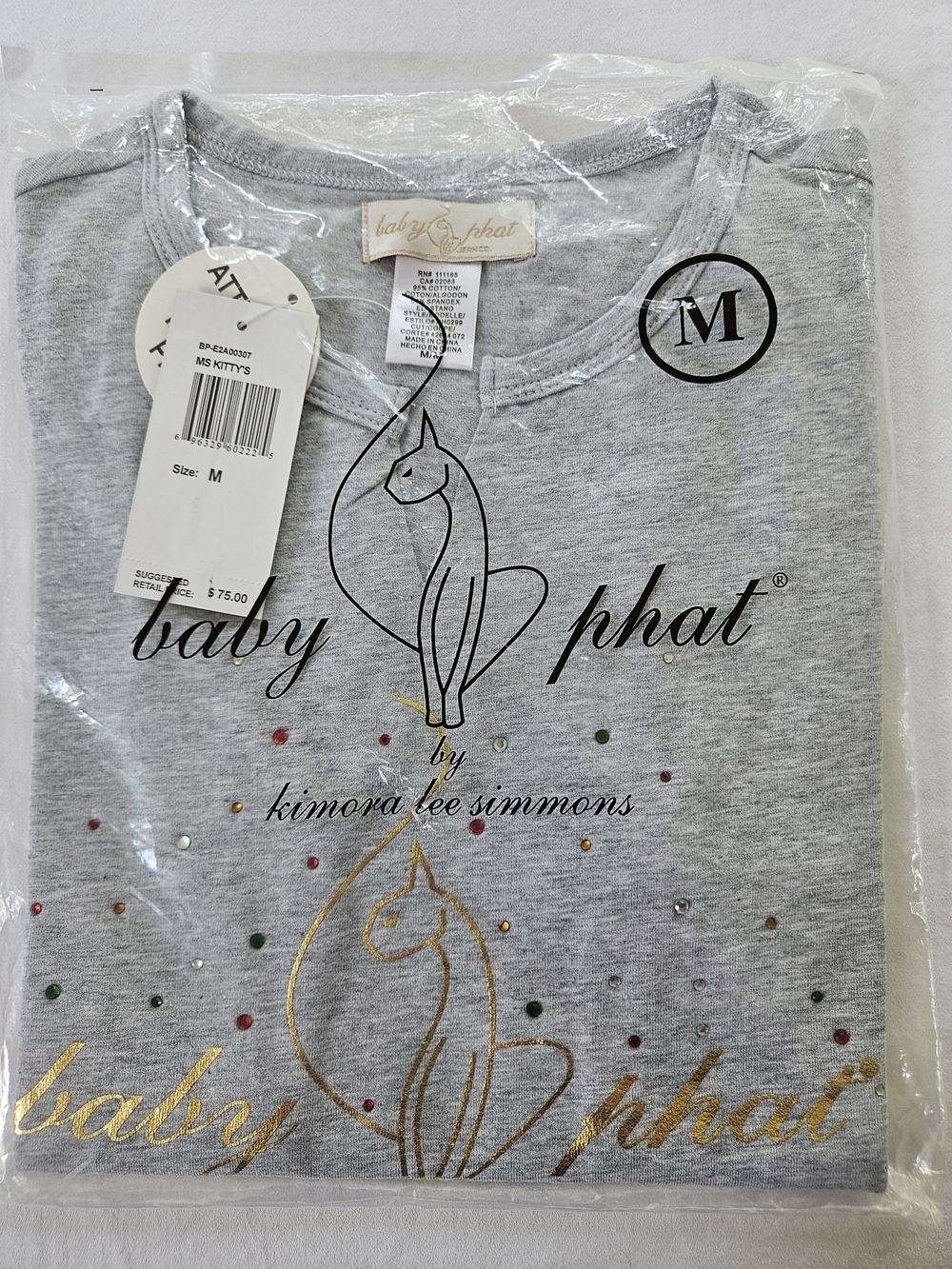 VTG Baby Phat Graphic T-Shirt NWT Deadstock Y2K Sealed Medium Rhinestone Cat